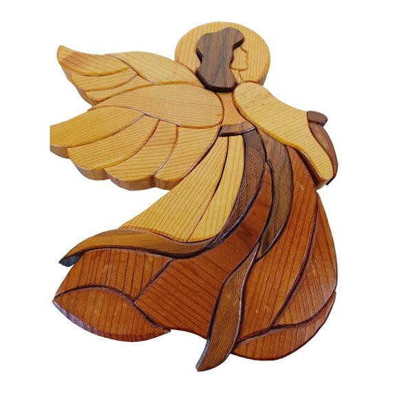 Handmade Hand Carved Wood 11"x9" Angel Wall Hanger Decor Religious Art Vintage - Picture 3 of 5